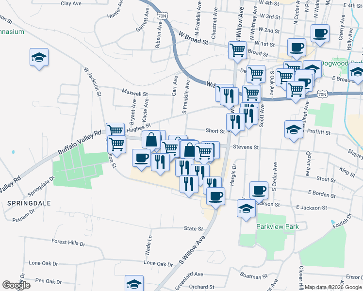 map of restaurants, bars, coffee shops, grocery stores, and more near 418 West Stevens Street in Cookeville