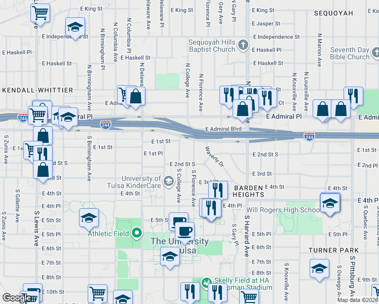 map of restaurants, bars, coffee shops, grocery stores, and more near 25 South Florence Avenue in Tulsa