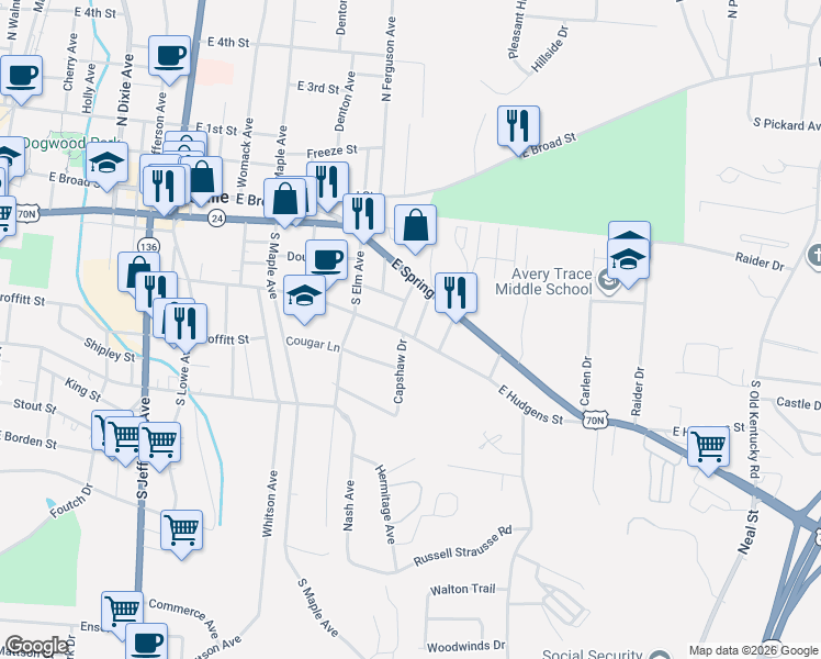 map of restaurants, bars, coffee shops, grocery stores, and more near 20 Elizabeth Avenue in Cookeville
