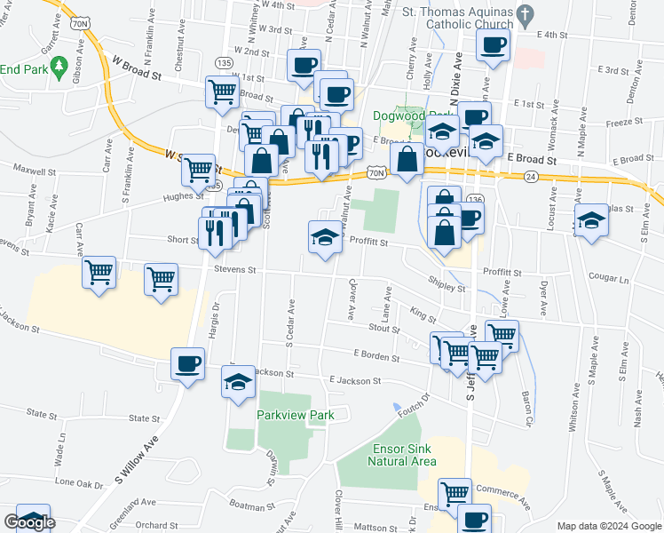 map of restaurants, bars, coffee shops, grocery stores, and more near 3 West Stevens Street in Cookeville