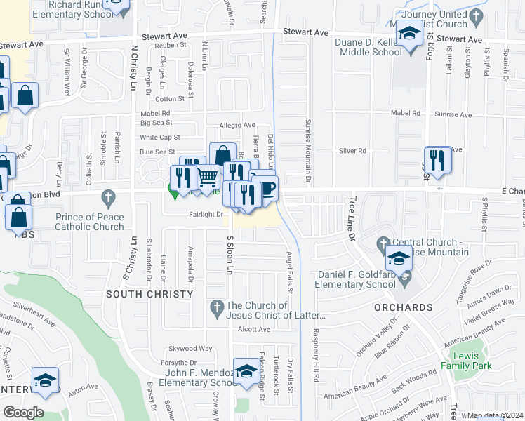 map of restaurants, bars, coffee shops, grocery stores, and more near 5891 East Charleston Boulevard in Las Vegas