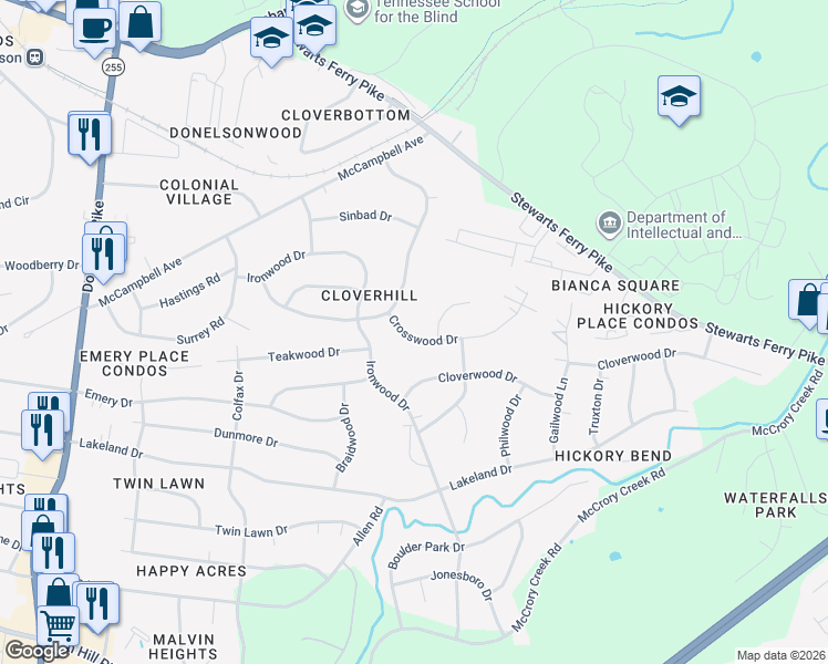 map of restaurants, bars, coffee shops, grocery stores, and more near 519 Cottonwood Drive in Nashville