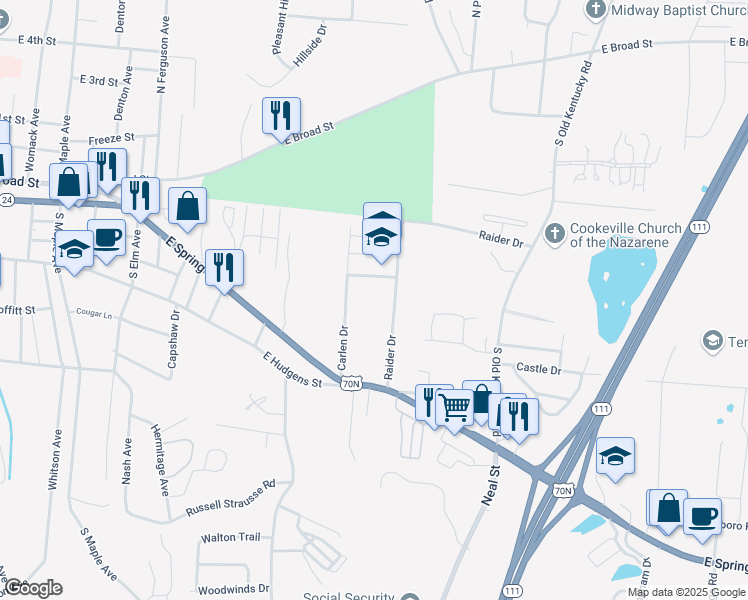 map of restaurants, bars, coffee shops, grocery stores, and more near Cavalier Dr in Cookeville