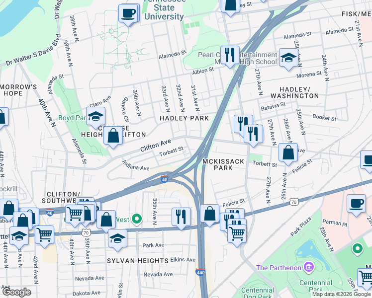 map of restaurants, bars, coffee shops, grocery stores, and more near 721 32nd Avenue North in Nashville