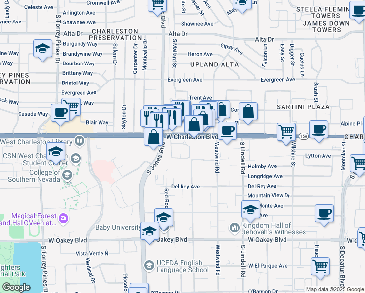 map of restaurants, bars, coffee shops, grocery stores, and more near 5905 West Charleston Boulevard in Las Vegas