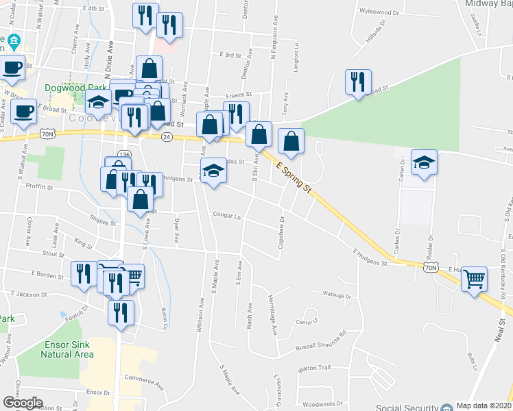 map of restaurants, bars, coffee shops, grocery stores, and more near 650 East Hudgens Street in Cookeville