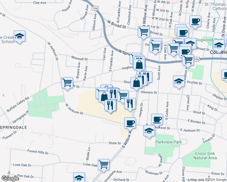 map of restaurants, bars, coffee shops, grocery stores, and more near 387 West Stevens Street in Cookeville