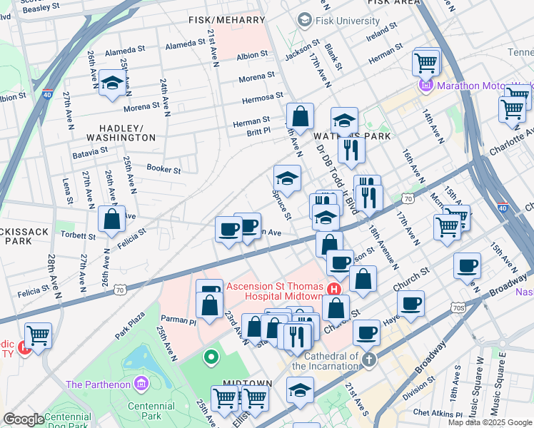 map of restaurants, bars, coffee shops, grocery stores, and more near 640 21st Avenue North in Nashville
