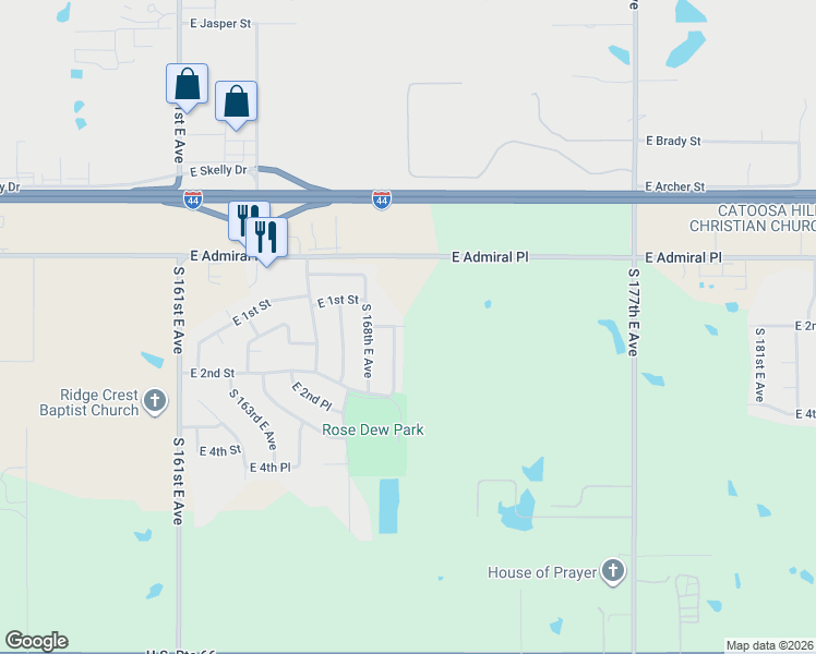 map of restaurants, bars, coffee shops, grocery stores, and more near 16831 East 1st Street in Tulsa