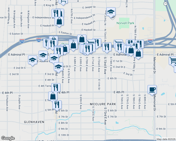map of restaurants, bars, coffee shops, grocery stores, and more near 204 South 70th East Avenue in Tulsa