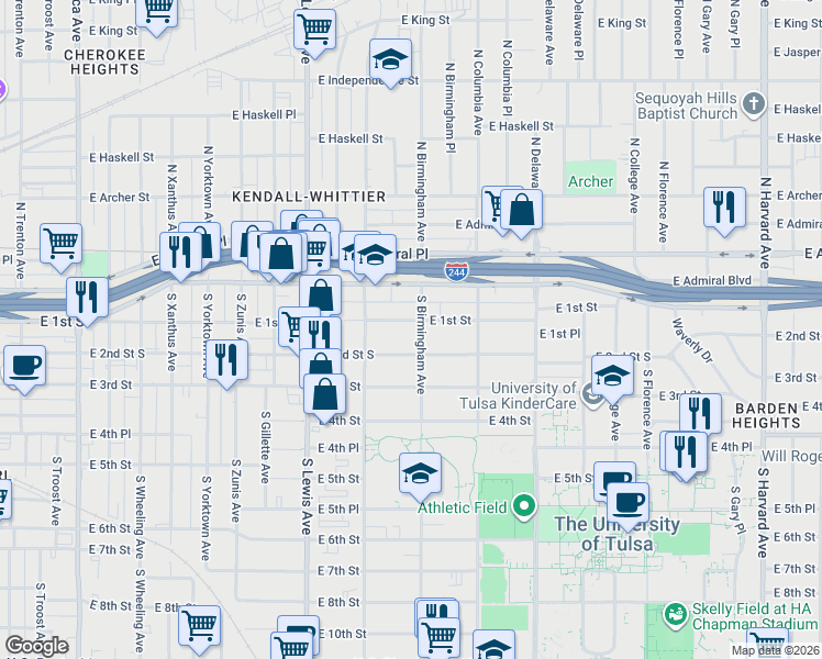 map of restaurants, bars, coffee shops, grocery stores, and more near 2607 East 1st Street in Tulsa