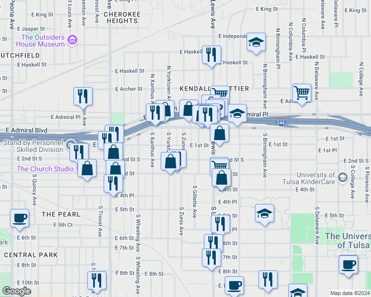 map of restaurants, bars, coffee shops, grocery stores, and more near 22 South Zunis Avenue in Tulsa