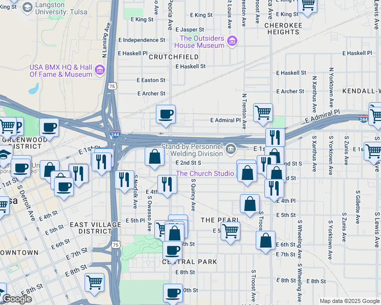 map of restaurants, bars, coffee shops, grocery stores, and more near 1328 East 1st Street in Tulsa