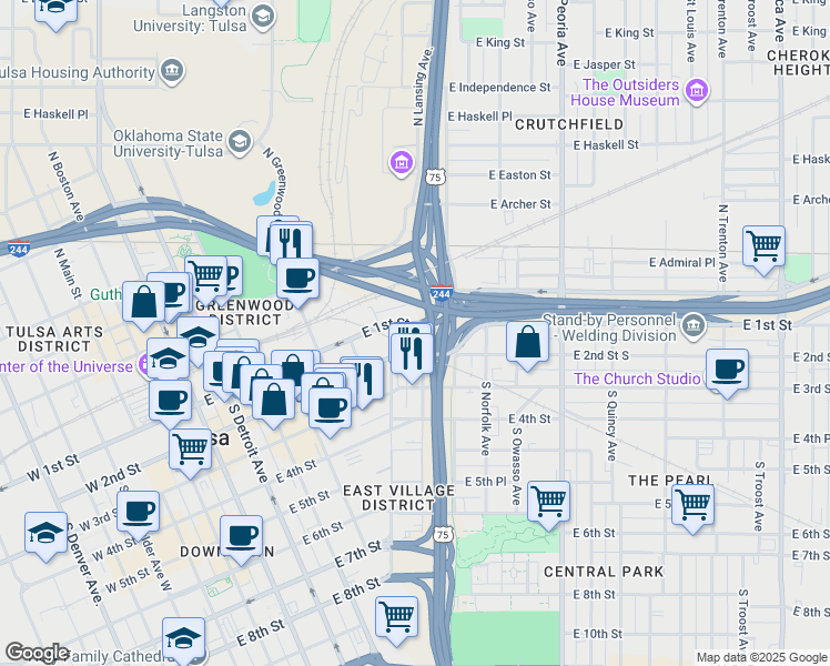 map of restaurants, bars, coffee shops, grocery stores, and more near 823 East 1st Street in Tulsa