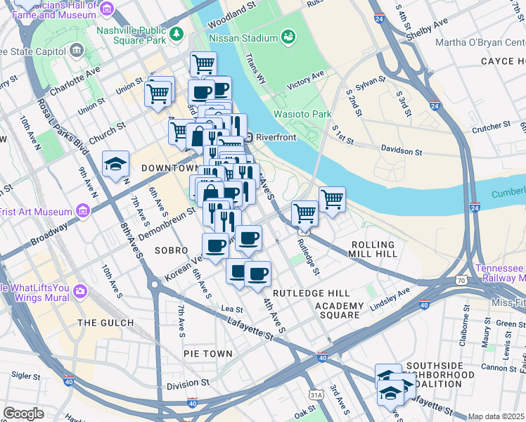 map of restaurants, bars, coffee shops, grocery stores, and more near 300 2nd Avenue South in Nashville