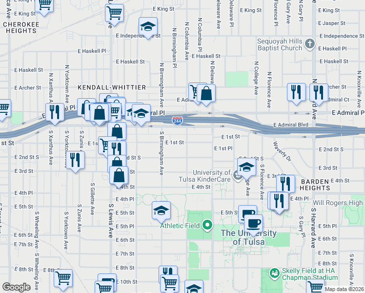 map of restaurants, bars, coffee shops, grocery stores, and more near 2642 East 1st Street in Tulsa