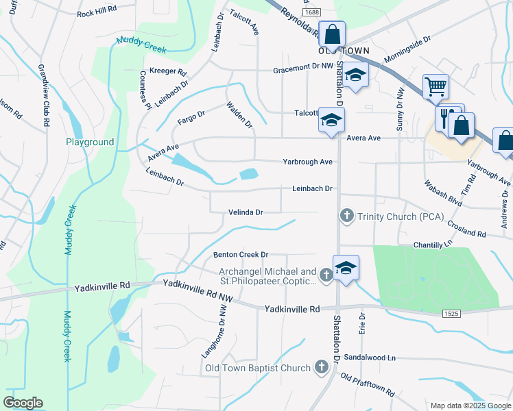 map of restaurants, bars, coffee shops, grocery stores, and more near 3941 Velinda Drive in Winston-Salem