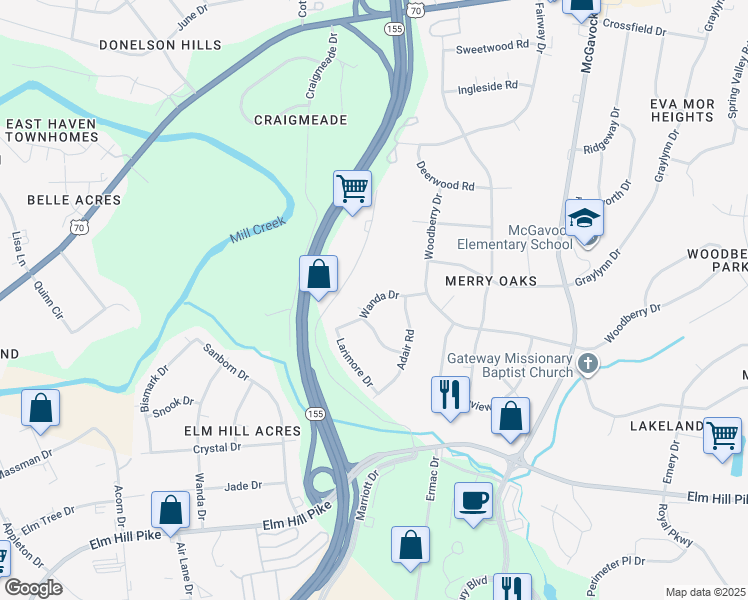 map of restaurants, bars, coffee shops, grocery stores, and more near Wanda Drive in Nashville