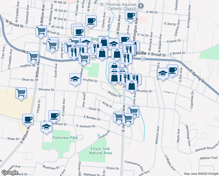 map of restaurants, bars, coffee shops, grocery stores, and more near 219 Proffitt Street in Cookeville