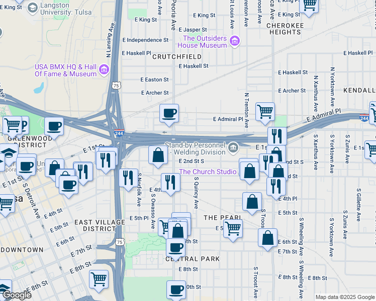 map of restaurants, bars, coffee shops, grocery stores, and more near 1328 East 1st Street in Tulsa