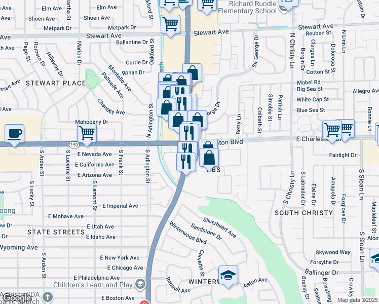 map of restaurants, bars, coffee shops, grocery stores, and more near in Sunrise Manor