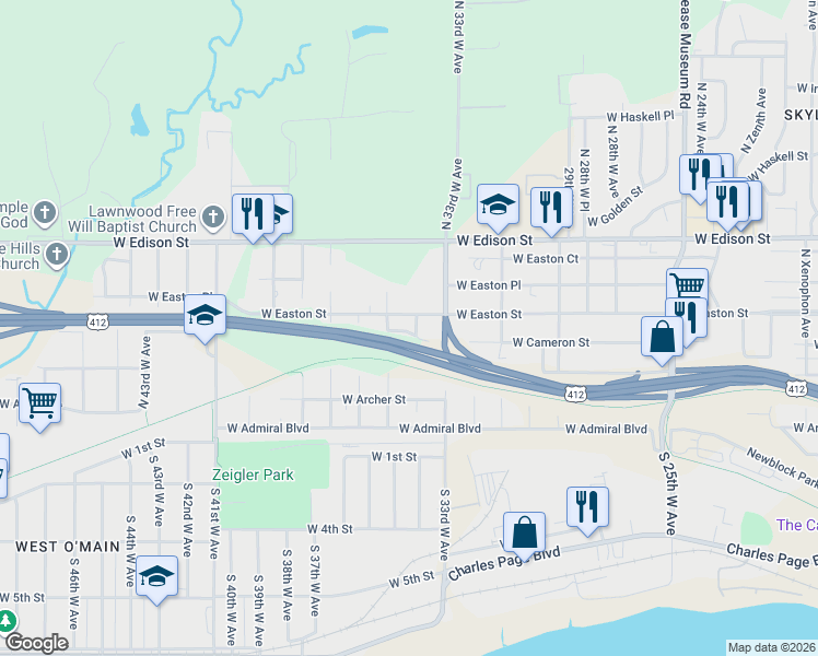 map of restaurants, bars, coffee shops, grocery stores, and more near 3300 West Easton Street in Tulsa