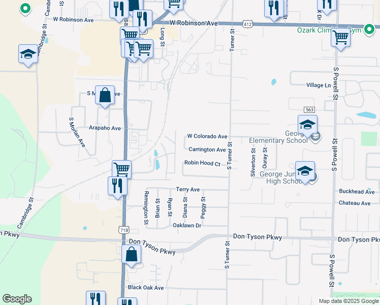 map of restaurants, bars, coffee shops, grocery stores, and more near 397 Carrington Avenue in Springdale