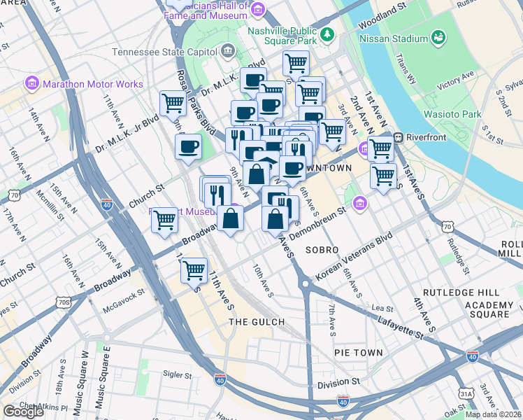 map of restaurants, bars, coffee shops, grocery stores, and more near in Nashville