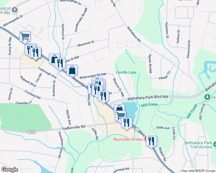 map of restaurants, bars, coffee shops, grocery stores, and more near 2910 Century Square in Winston-Salem