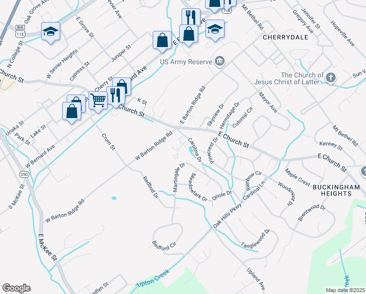 map of restaurants, bars, coffee shops, grocery stores, and more near 810 Carolina Drive in Greeneville