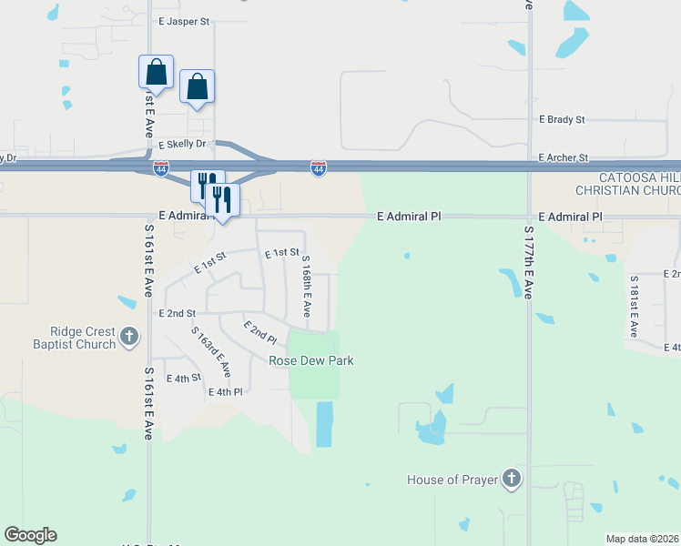 map of restaurants, bars, coffee shops, grocery stores, and more near 16831 East 1st Street in Tulsa