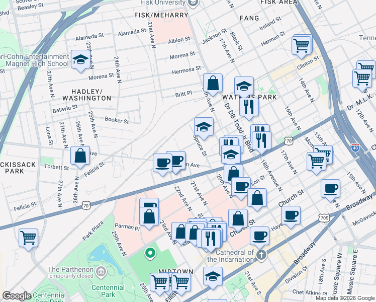 map of restaurants, bars, coffee shops, grocery stores, and more near 640 21st Avenue North in Nashville
