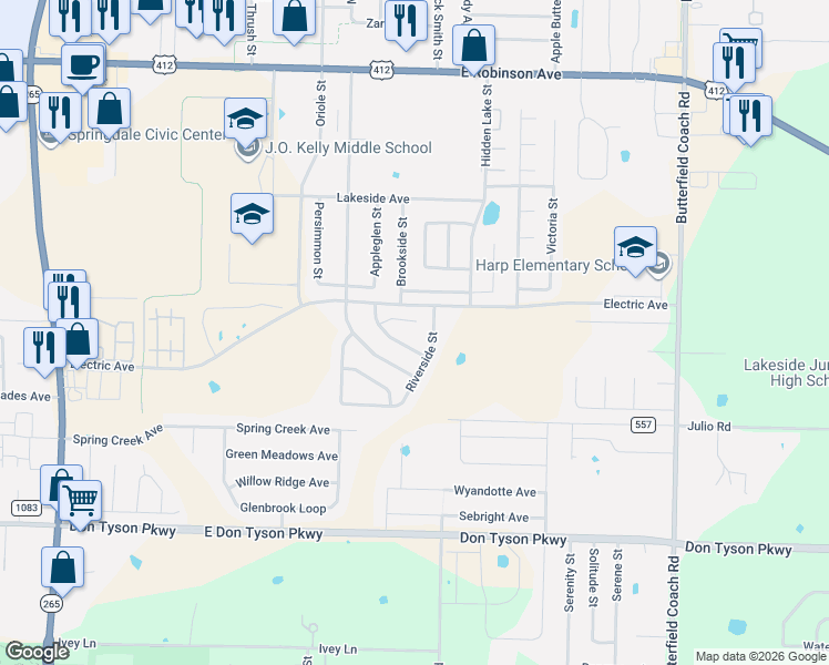 map of restaurants, bars, coffee shops, grocery stores, and more near 2332 Bering Place in Springdale