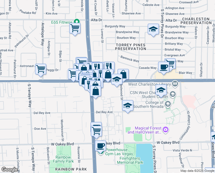 map of restaurants, bars, coffee shops, grocery stores, and more near 6749 West Charleston Boulevard in Las Vegas