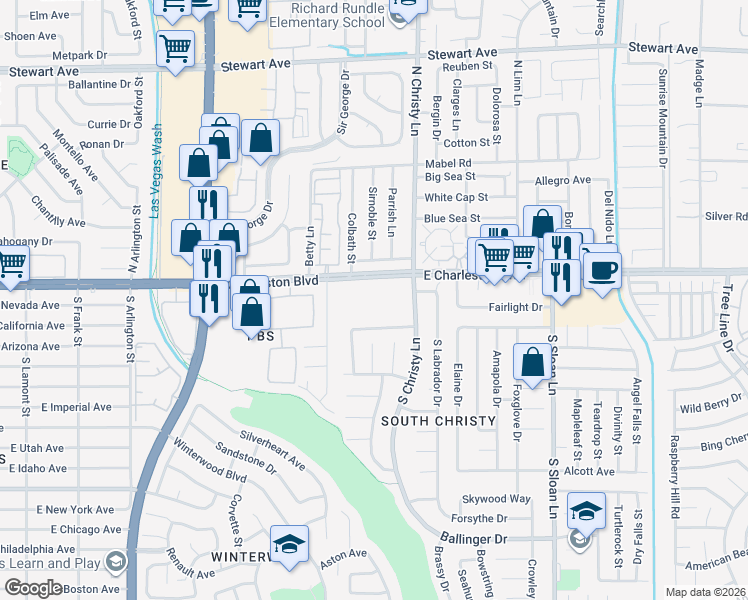 map of restaurants, bars, coffee shops, grocery stores, and more near 5485 E Charleston Blvd in Las Vegas