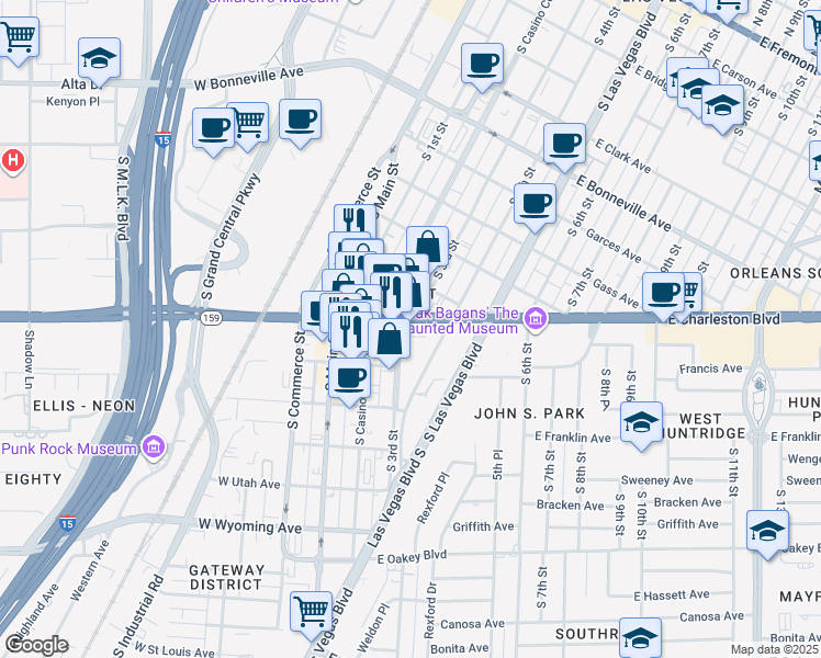 map of restaurants, bars, coffee shops, grocery stores, and more near 300 East Charleston Boulevard in Las Vegas