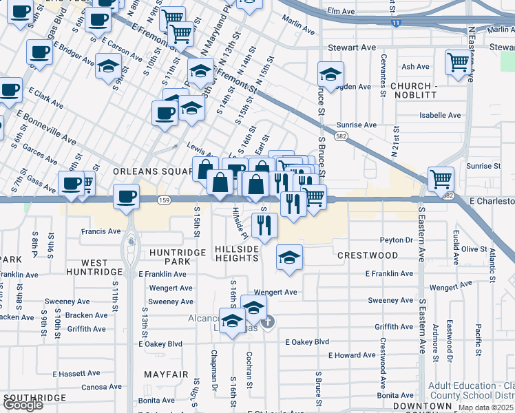 map of restaurants, bars, coffee shops, grocery stores, and more near 1618 Nevada 159 in Las Vegas