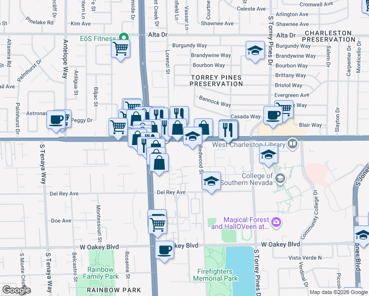 map of restaurants, bars, coffee shops, grocery stores, and more near 6711 West Charleston Boulevard in Las Vegas