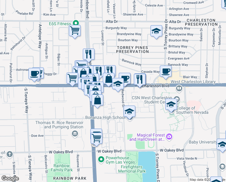 map of restaurants, bars, coffee shops, grocery stores, and more near 6711 West Charleston Boulevard in Las Vegas