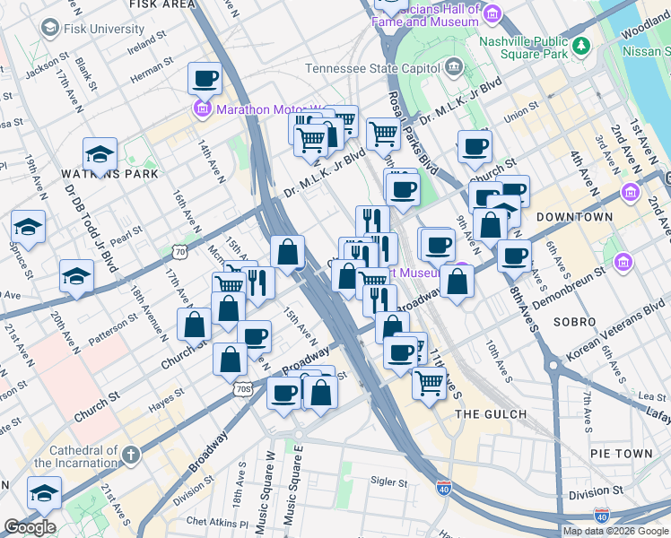 map of restaurants, bars, coffee shops, grocery stores, and more near 1201 Church Street in Nashville