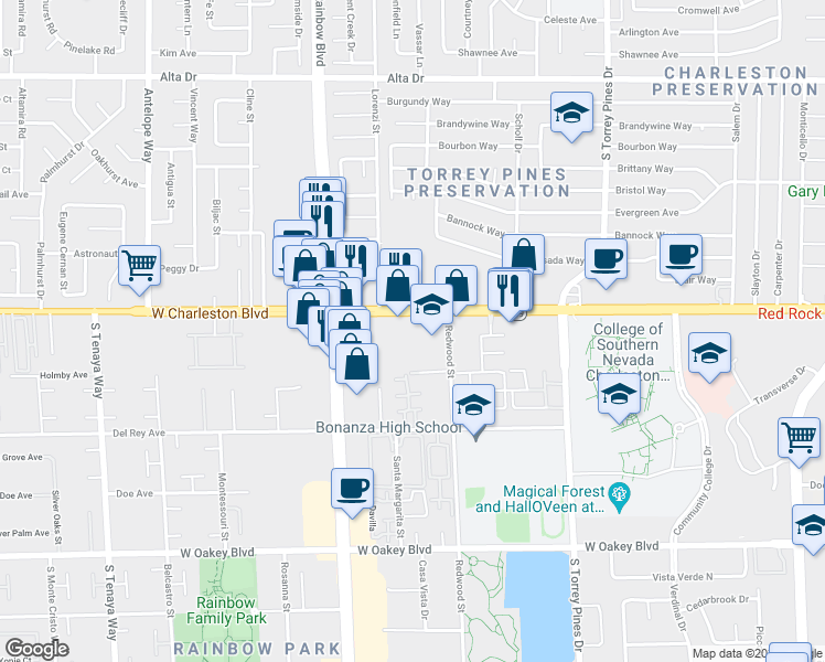 map of restaurants, bars, coffee shops, grocery stores, and more near 6705 West Charleston Boulevard in Las Vegas