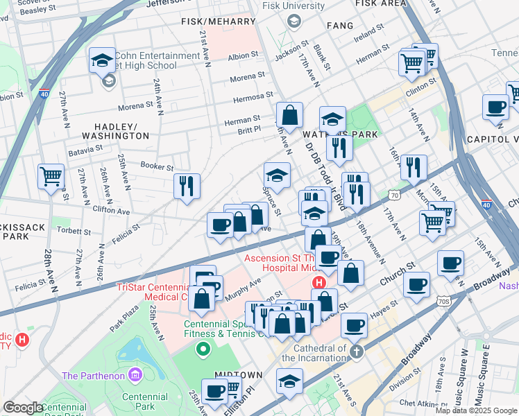 map of restaurants, bars, coffee shops, grocery stores, and more near 6A 20th Avenue North in Nashville