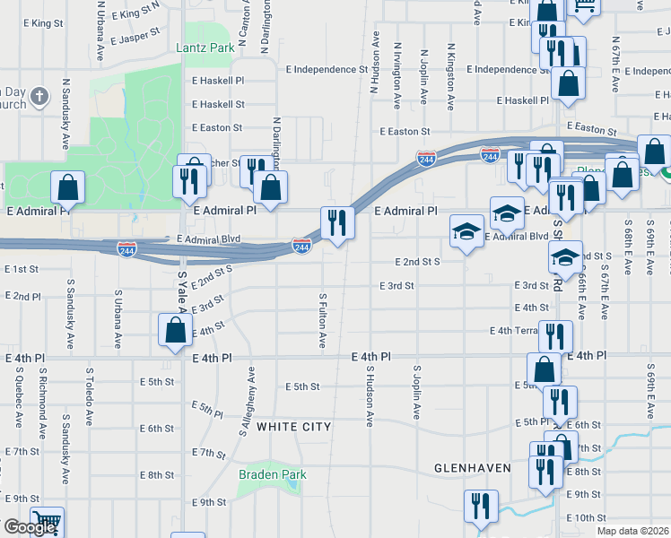 map of restaurants, bars, coffee shops, grocery stores, and more near 5532 East 2nd Street in Tulsa