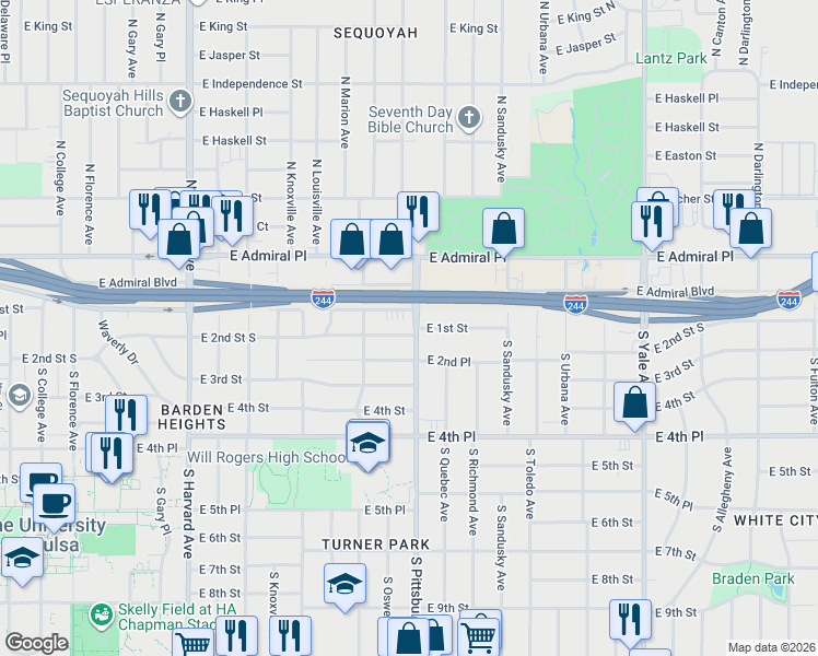 map of restaurants, bars, coffee shops, grocery stores, and more near 4107 East 1st Street in Tulsa