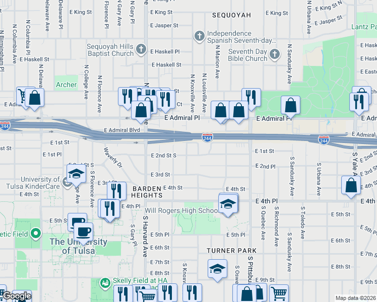 map of restaurants, bars, coffee shops, grocery stores, and more near 104 South Knoxville Avenue in Tulsa