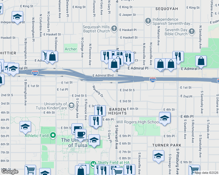 map of restaurants, bars, coffee shops, grocery stores, and more near in Tulsa County
