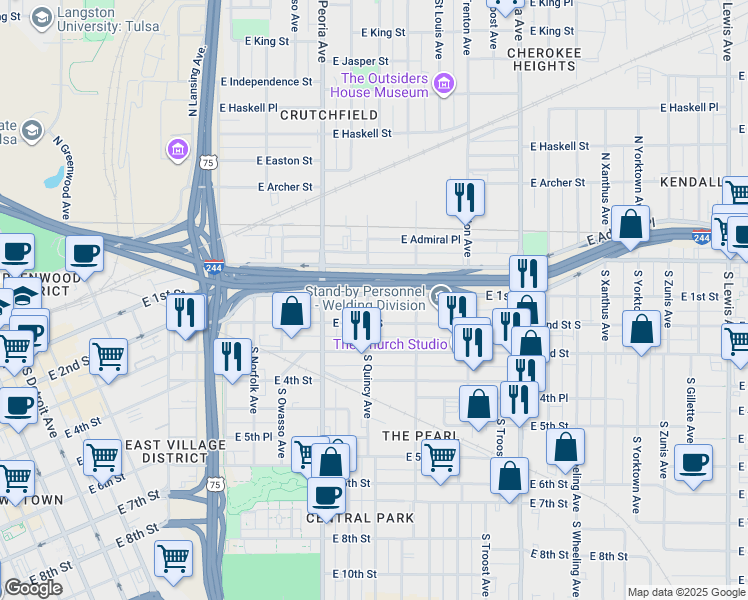 map of restaurants, bars, coffee shops, grocery stores, and more near 1412 East 1st Street in Tulsa