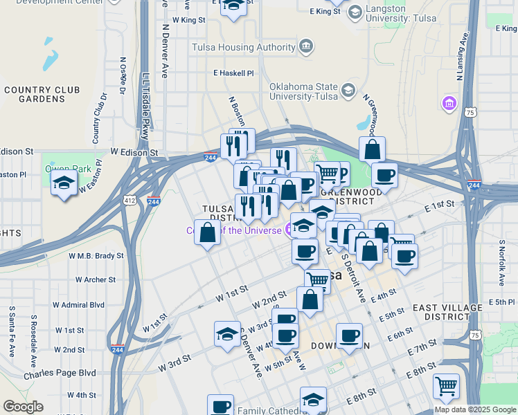 map of restaurants, bars, coffee shops, grocery stores, and more near 302 North Main Street in Tulsa