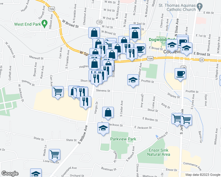 map of restaurants, bars, coffee shops, grocery stores, and more near 101 West Stevens Street in Cookeville