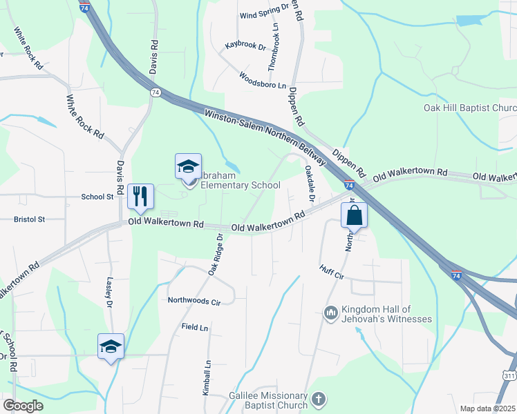 map of restaurants, bars, coffee shops, grocery stores, and more near 4868 Oakdale Drive in Winston-Salem